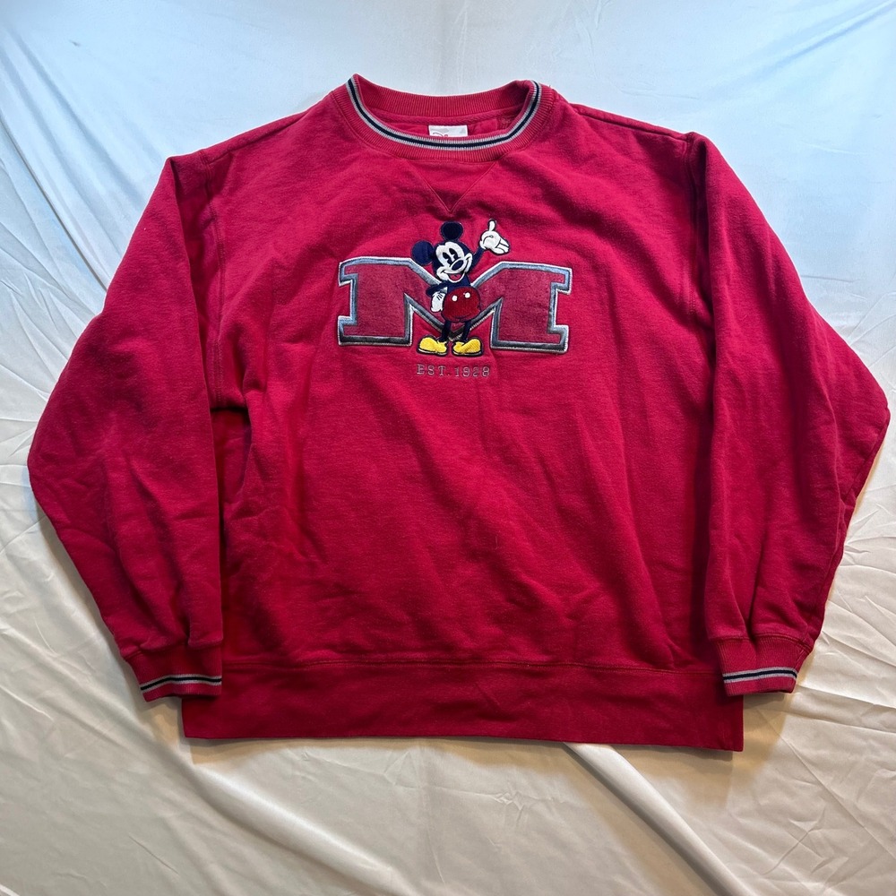 Disney Store Mickey Mouse Red Sweatshirt Embroidered M Varsity Crewneck Mens L